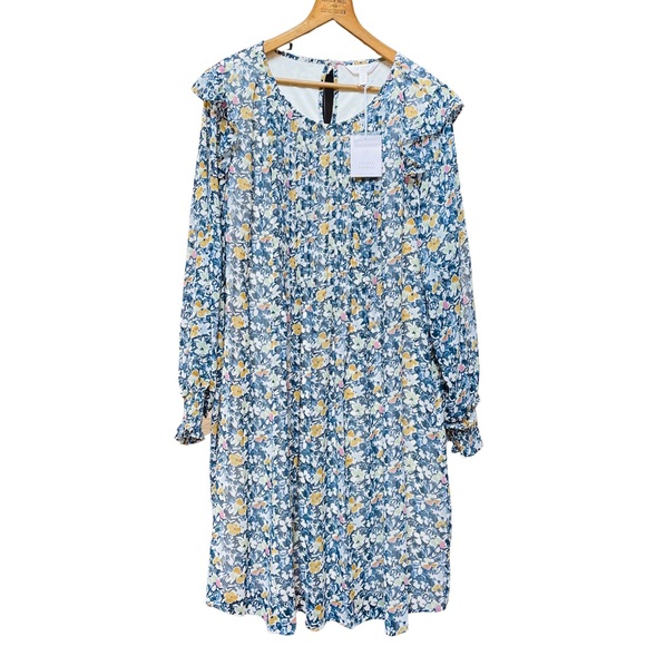 LC Lauren Conrad Dresses & Skirts - LC Lauren Conrad Blue Floral Long Sleeve Chiffon Midi Dress 2XL Cottagecore NWT